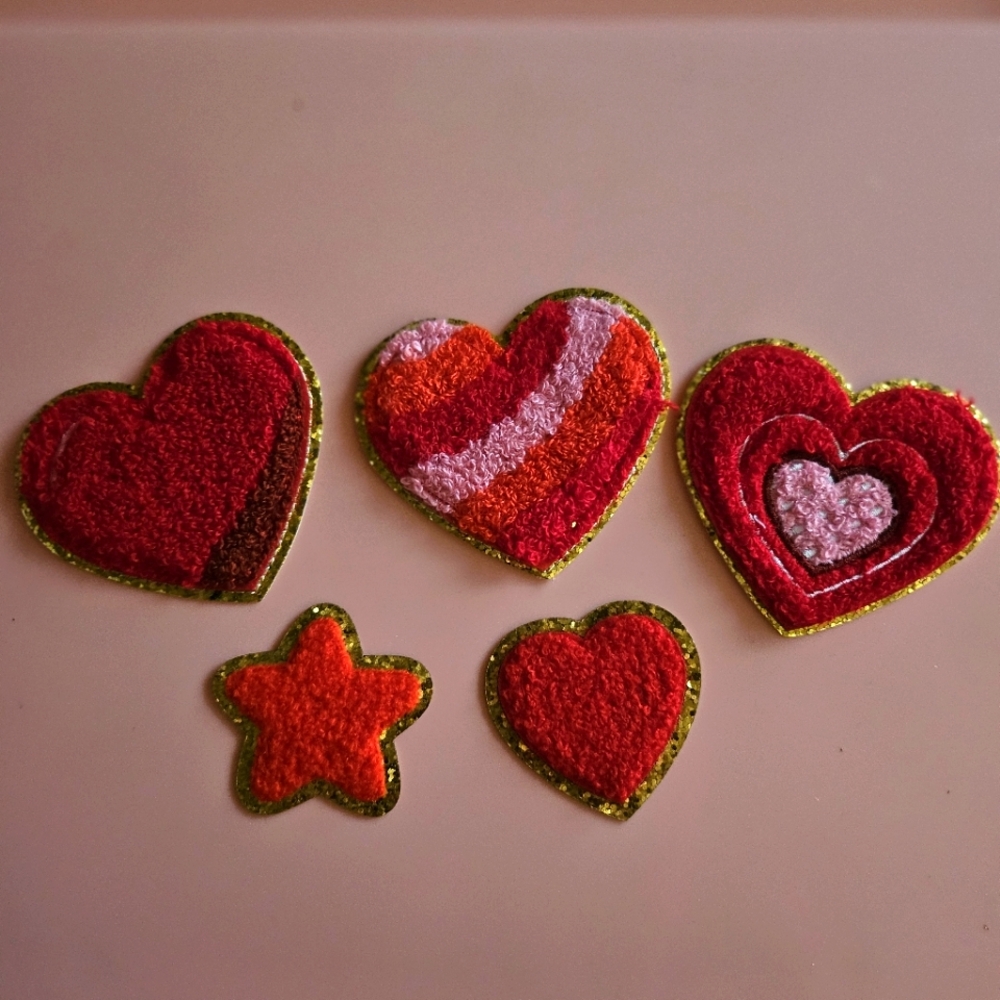 Valentine's Red Hearts & Star Glitter Trim Iron Patch